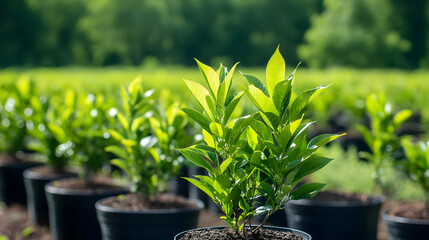 Photo of Green Potted Plants in Rows with Selective Focus and Sunlight