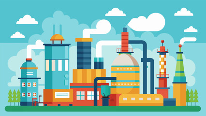 Naklejka premium A chemical refinery that uses waste heat to generate steam which is then used for heating and powering other processes.. Vector illustration
