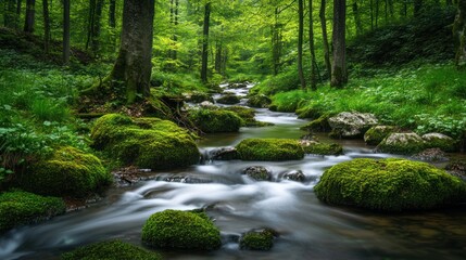 A tranquil forest stream. Lush greenery surrounds a flowing brook. Ideal for nature photography, relaxation themes, and mindfulness concepts, perfect for landscape and environmental projects.