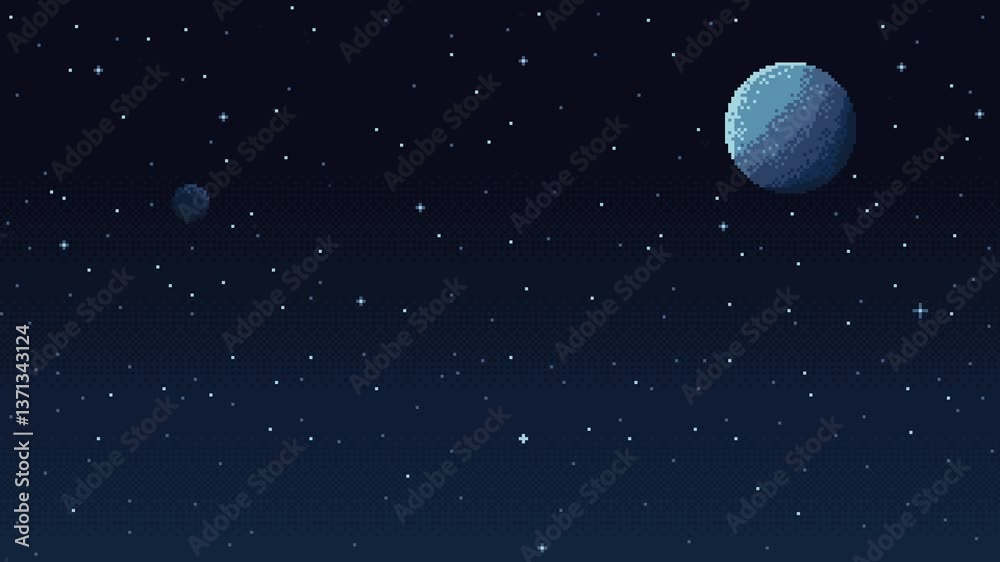 Aufkleber Pixel art space background, 8 bit retro style video game. Starry sky. Galaxy. Planet. Simple game level template. Loop animation.