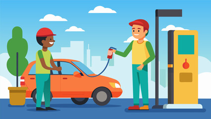 A customer pulled up to the gas pump and was immediately greeted by a cheerful attendant who offered to clean their windshield while filling up their. Vector illustration