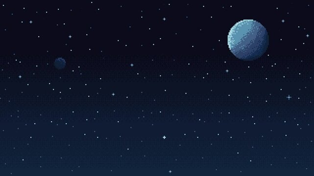 Pixel art space background, 8 bit retro style video game. Starry sky. Galaxy. Planet. Simple game level template. Loop animation.