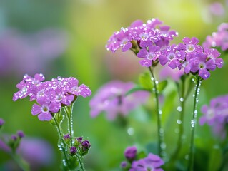 Fototapeta premium Blooming Purple Primrose Flowers Adorned with Sparkling Water Droplets on Stems