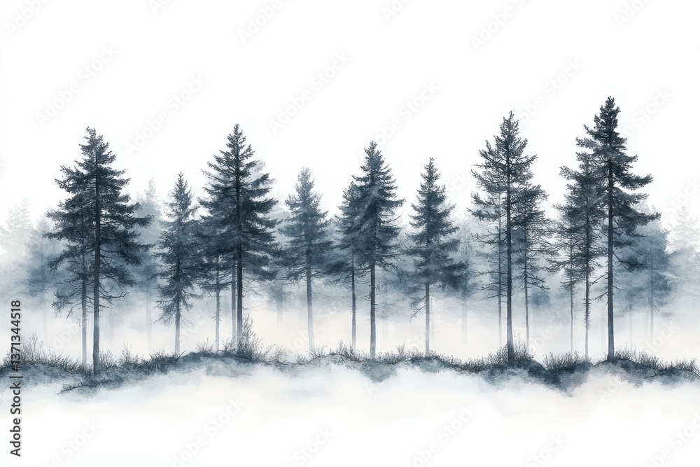 Poster majestic forest landscape with tall pine trees shrouded in mist during early morning hours in a sere