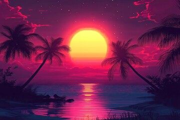 Obraz premium A beautiful sunset over calm ocean water with palm trees