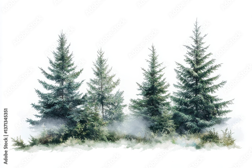 Poster majestic forest landscape with tall pine trees shrouded in mist during early morning hours in a sere