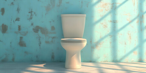 Photo of White Toilet Against Textured Blue Wall with Light and Shadow