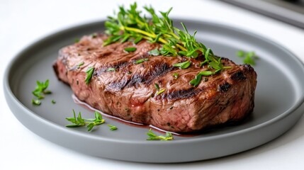 Grilled Steak Thyme Garnish High Resolution Photography Close Up Food Styling Rich Tones Restaurant Menu