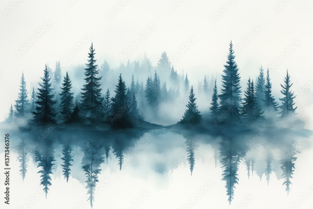 Poster majestic forest landscape with tall pine trees shrouded in mist during early morning hours in a sere