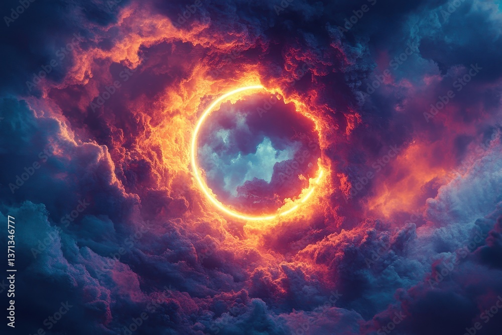 Aufkleber mysterious fiery circle in turbulent ocean waters under moody storm clouds during twilight hours