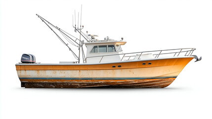 Naklejka premium Orange Fishing Boat in Coastal Harbor: Nautical Adventure and Marine Expedition