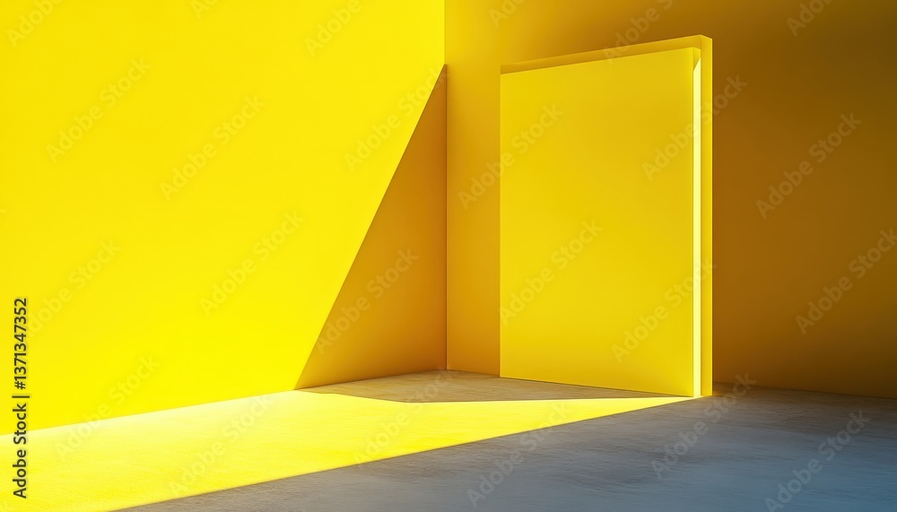Poster Bright red cube on a vibrant yellow background creates a bold visual contrast, showcasing geometric shapes and color dynamics in a minimalist setting during daylight