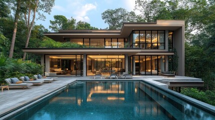 Luxury Villa nestled in Lush Greenery, Modern architecture with infinity pool