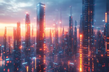 Fototapeta premium A futuristic financial technology park with AI-driven blockchain applications, holographic financial modeling, and autonomous trading systems