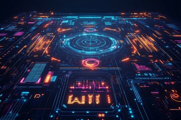 A futuristic holographic interface with intricate details and floating elements