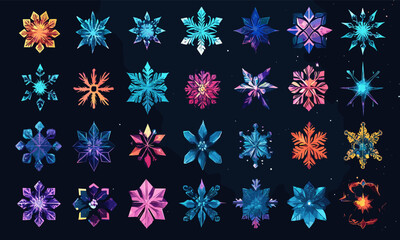 Colorful assorted snowflakes on dark background vector