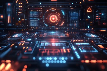 A futuristic holographic interface with intricate details and floating elements.