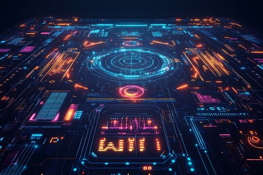 A futuristic holographic interface with intricate details and floating elements