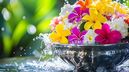 Vibrant water droplets splash around a silver bowl filled with fresh flowers, capturing a serene and celebratory moment