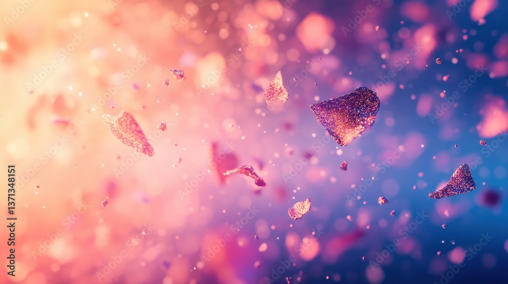 Aufkleber Colorful abstract representation of molecules and particles floating in a vibrant background with a blend of blue and pink hues showcasing a microscopic view of the universe's elements