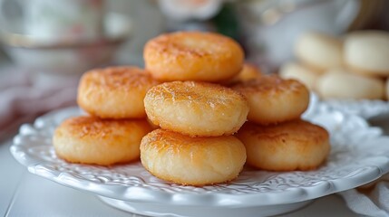 Mongolian boortsog fried sweet cookies honey arranged on a clean white ceramic tray