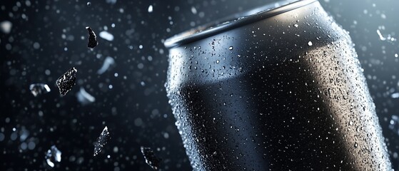 Product launch featuring a sleek beverage can with dramatic water droplets in a cinematic background
