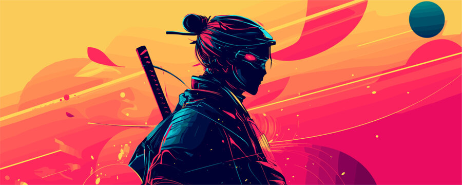 Futuristic cyber samurai warrior with neon colors and sword in profile - vector