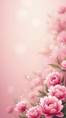 Mother's Day dreamy vertical poster or banner with an abstract blurred bokeh background and lush blooming pink peonies. Copy space included, with space reserved for adding text