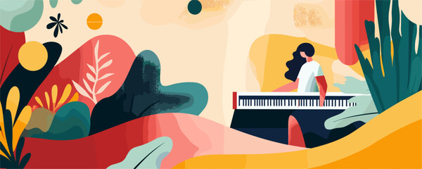 Colorful landscape with woman playing piano in abstract nature setting - vector