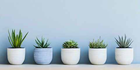 Obraz premium Photo of Various Potted Succulents on Shelf Against a Blue Wall Background