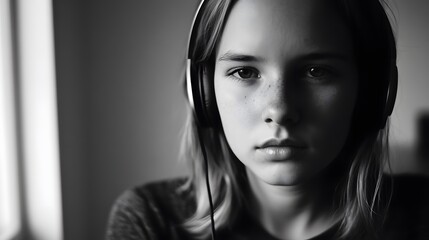Young woman with headphones in monochrome, embodying modern simplicity and focus