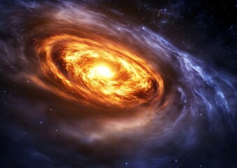 an active galactic nucleus (AGN) showcasing the swirling accretion disk glowing in ultraviolet light
