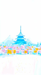 Fototapeta premium Watercolor Illustration Of Pagoda And City Buildings With Blue Sky