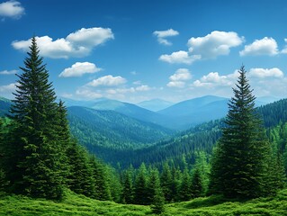 Fototapeta premium Mountain Landscape, Sunny Day, Forest View