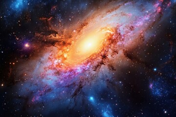 Fototapeta premium galaxy transforming after a merger showcasing the vibrant hues of celestial gases, star clusters, and the central cosmic nucleus