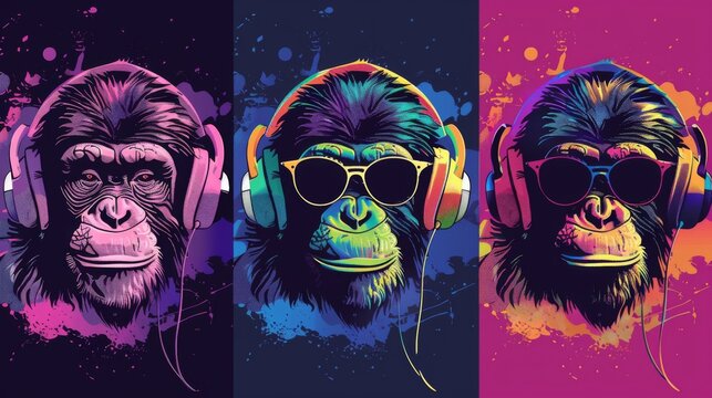 whimsical illustration of cool monkey wearing colorful headphones pop art style vibrant hues playful expression perfect for modern tshirt design or urban street art