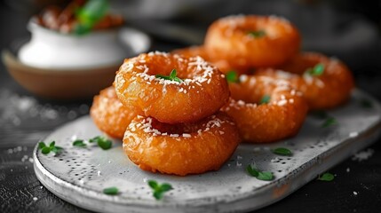 Nepalese sel roti rice flour ring shaped doughnuts stacked a white ceramic tray