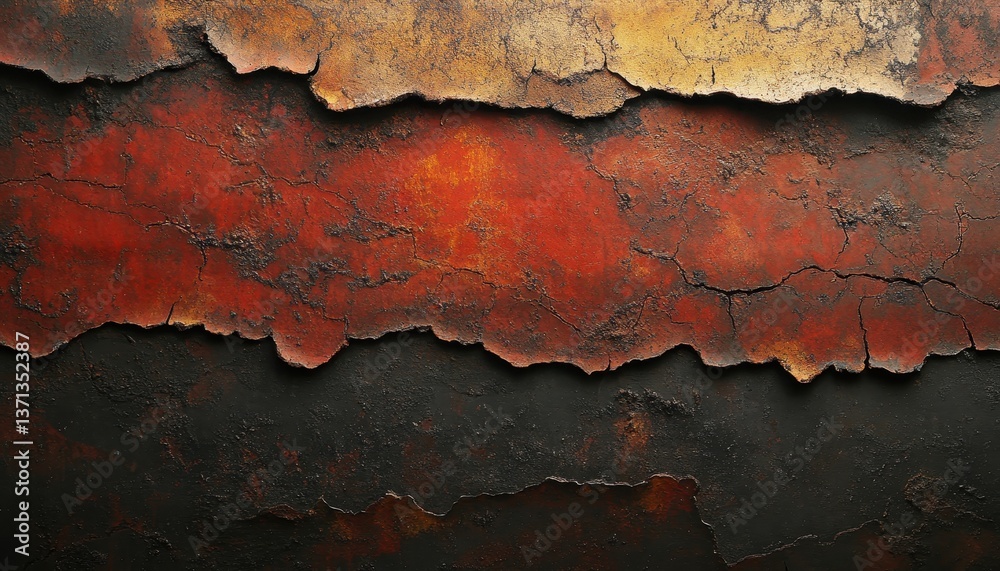 Poster rusty textured surface with peeling paint showing layers of red, orange, and black in an industrial 