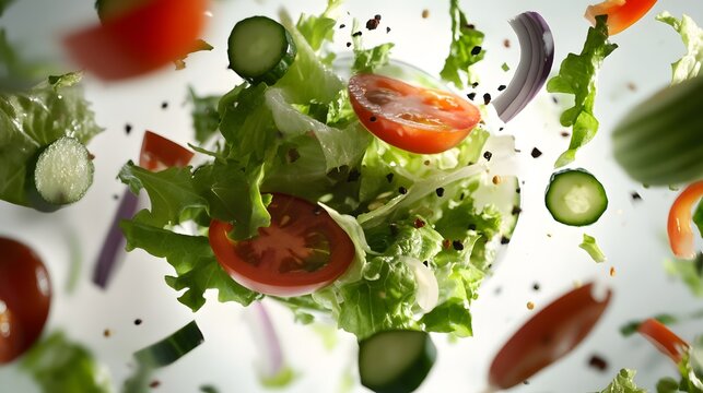 Fresh vegetables cascading into a salad bowl, embodying simplicity and health