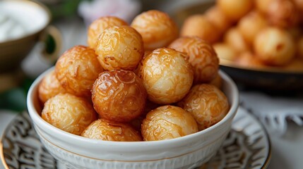 Nigerian puff puff golden sweet fried dough balls stacked a white ceramic dish