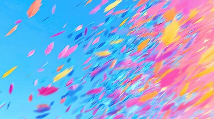 Fototapeta premium Colorful confetti falls against blue sky; celebratory event background