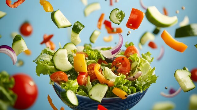 Fresh vegetables cascading into a salad bowl, embodying simplicity and health