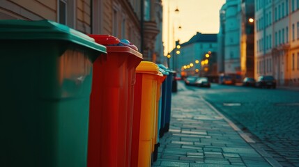 Colorful waste bins line a city street during the tranquil evening, showcasing a commitment to environmental responsibility
