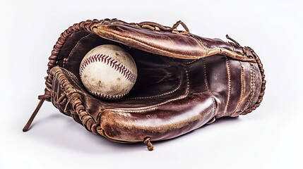 Vintage 1950s baseball glove and ball showcasing the beauty of well-worn leather and the essence of America's favorite pastime in a dynamic composition on a white backdrop