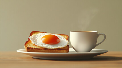a simple breakfast scene with a cup of tea, toast, and an egg, minimalistic style,