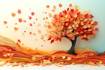 A paper tree shedding delicate leaves in an autumnal scene, with the leaves gently falling to the ground in a swirl of colors