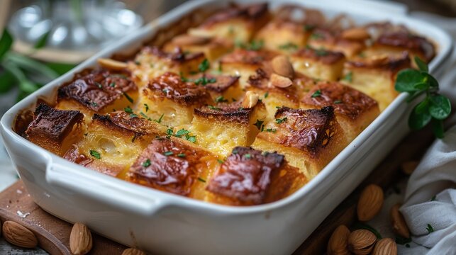 Pakistani shahi tukda bread pudding saffron milk and almonds arranged on a white platter