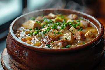 a steaming plate of kimchi jjigae, a traditional korean stew with fermented kimchi, pork belly, tofu, and scallions, served in a rustic ceramic bowl,