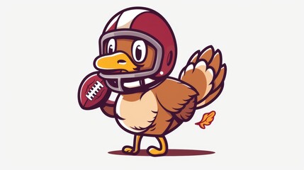 A cartoon turkey wearing an American football helmet and holding a football, vector logo design on a white background, simple icon style, t-shirt print design, no shadows, cute cartoon character