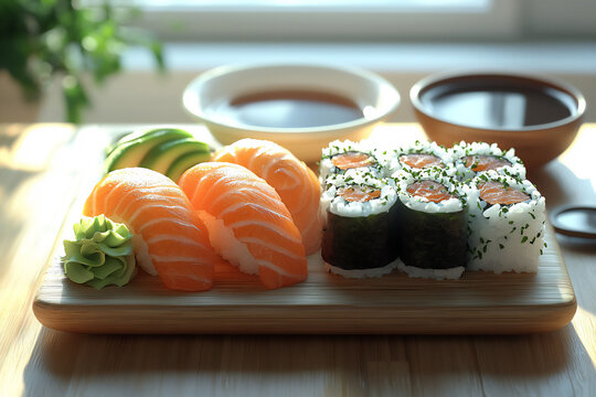 a sushi platter with an assortment of fresh nigiri and maki rolls, featuring colorful ingredients like salmon, tuna, avocado, and seaweed,